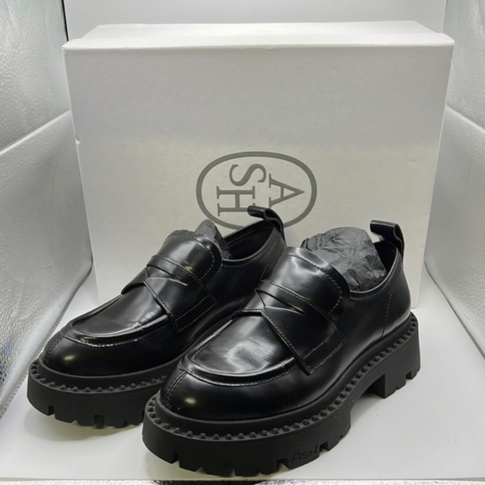 Ash Genial Slip On Platform Loafers Shoes Black Leather Women Size 5.5 EUR 35.5